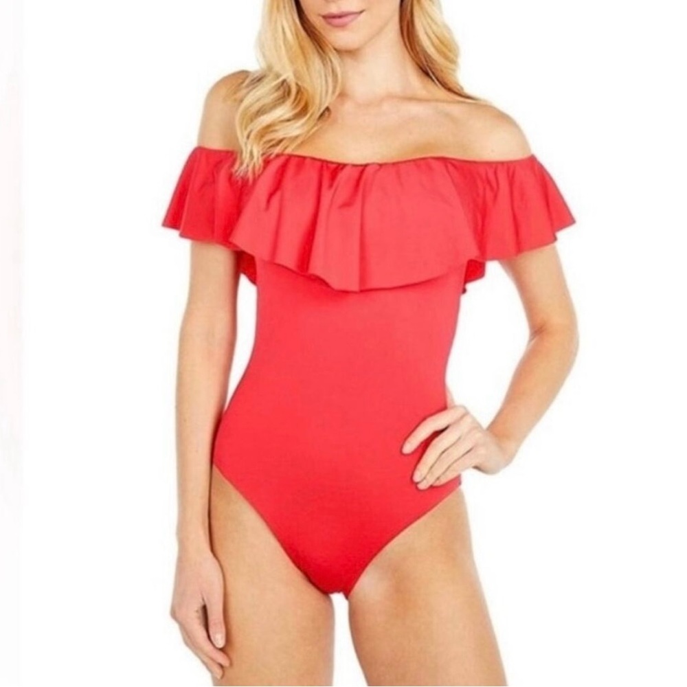 Trina Turk Monaco Ruffle Off the Shoulder Coral Red One Piece Size 8